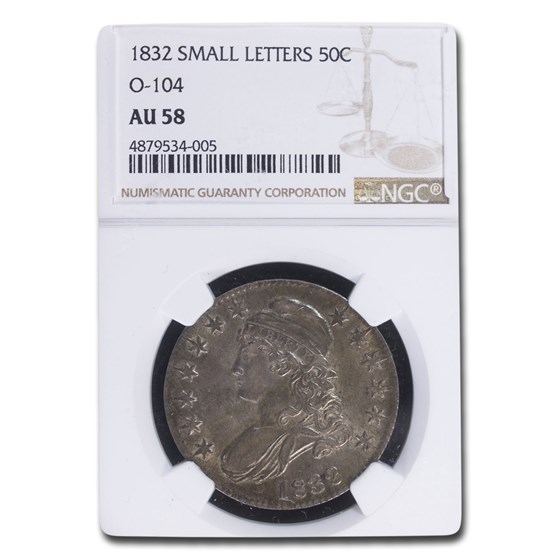 1832 Capped Bust Half Dollar AU-58 NGC (Small Letters, O-104) 1832 Capped Bust Half Dollar AU-58 NGC (Small Letters, O-104)